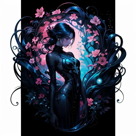 ((Create MAXZenArt!))_((One, 1 girl, tattoos, glowing tattoos, brilliant, white-fluffy 16+), (skull, Flowers), (black transparent dress-clothing)), (sexual, erotic)) _((Delicate scarlet lips), (straight black hair - long, basic moments, blue, cascade), (multi-colored brilliant hair), (cool shine, Wet straight hair))_((stylization; clear line, clear outline, high quality line drawing, shading))_((simple color palettes), (color fill, Color saturation, saturation, harmony, balance), (rich pastel colors, Pure colors), (cyberpunk))_((sexual, erotic), (simple, Minimum accessories), (Necklaces and thin rings made of silver or gold.), (simple bracelets, unusual designs, simple silhouettes), (erotic style))_((background),(abstract minimalism), (stunning cybernetic Flowers), ( lilies, extremely unusual, long stems - large stems, skull, Flowers)).