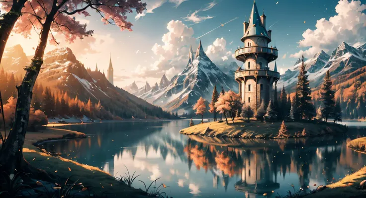 breathtaking, (broadleaf, forest:1.18), 8k wallpaper, UHDR, (fantasy art:1.2), soft brush, landscape, magical composition, vivid colors, rule of thirds, extreme wide shot, trees in the foreground:1.26, moss, (a wizard's tower at a lake:1.5), (colorful luminous particles:1.12), depth of field, devoid of humans, natural lighting, (gust of wind, flowing leaves),  [fantastical gloom:magical glint:0.65], glossy, sharp <lora:add_detail:0.7>, award-winning, professional, highly detailed