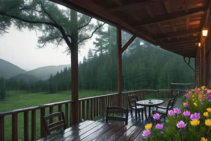 table with flowers on the back porch of a cabin in the woods, in a gentle spring rain at dusk