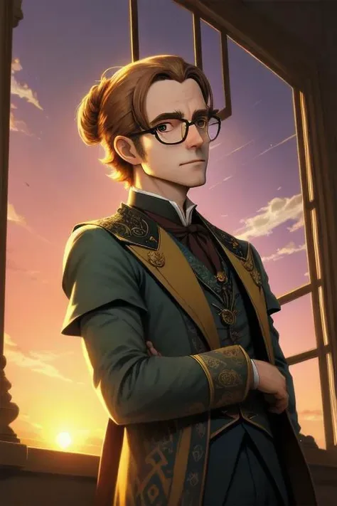 portrait, solarpunk aristocrat with glasses and mussed hair, sunset in the window, vignetting