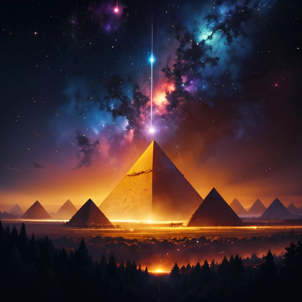 Psychedelic style, space themed album cover art, apocalyptic composition, pyramids, planets in the sky, deep verdant forest, starfall, nebula, colorful luminous particles, devoid of humans  <lora:add_detail:0.8>, Vibrant colors, swirling patterns, abstract forms, surreal, trippy