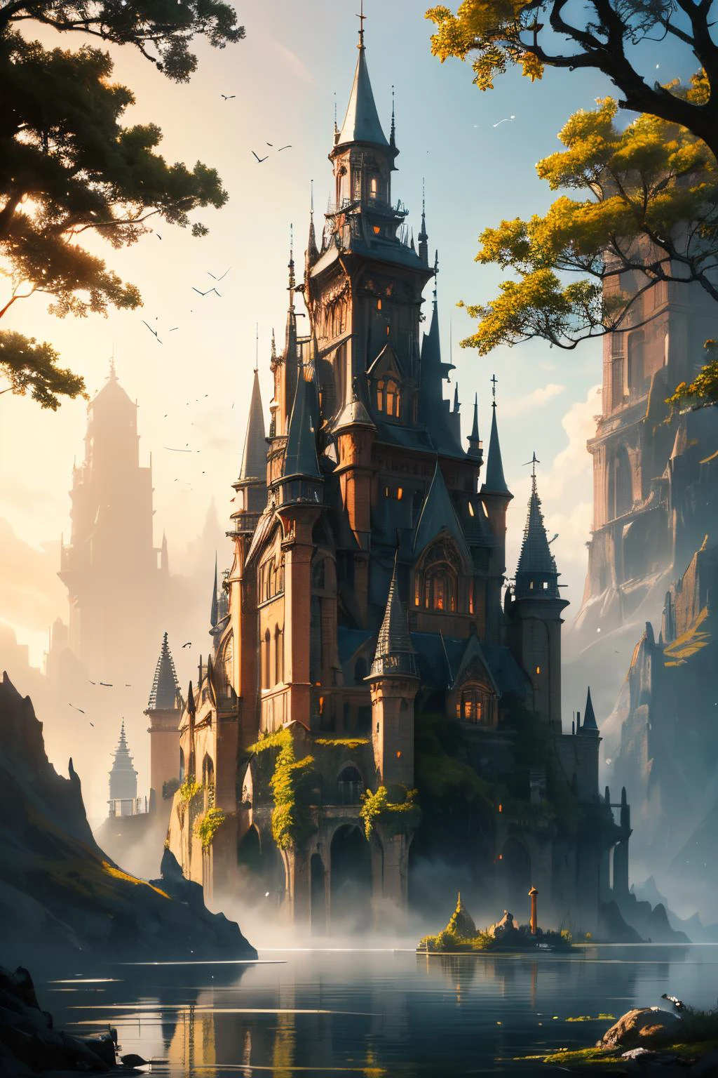ethereal fantasy concept art of a highly detailed CG illustration of a forest, 8k wallpaper, UHDR, soft brush, landscape, bright composition, rule of thirds, trees:1.15, moss:0.8, (colossal tower at a lake:1.2), magical dome, depth of field, devoid of humans, natural lighting, fantastical gloom, magical shimmer, glossy, magnificent, celestial, ethereal, painterly, epic, majestic, magical, fantasy art, cover art, dreamy