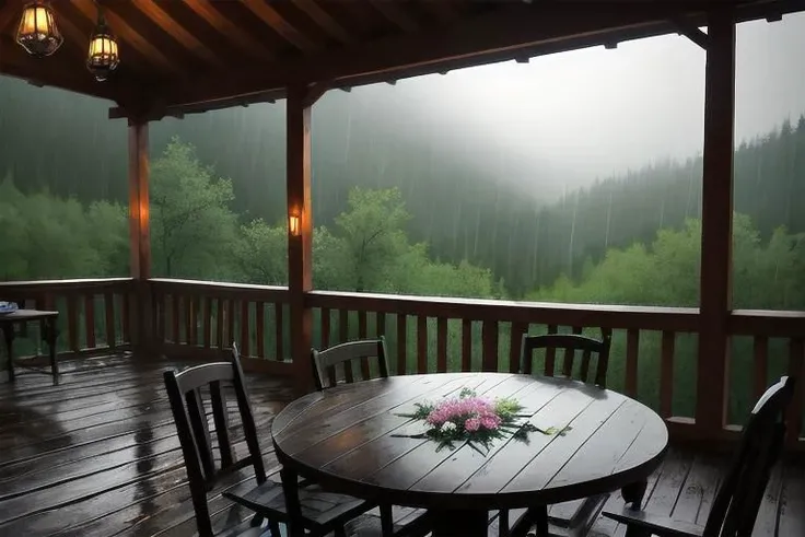 table with flowers on the back porch of a cabin in the woods, in a gentle spring rain at dusk