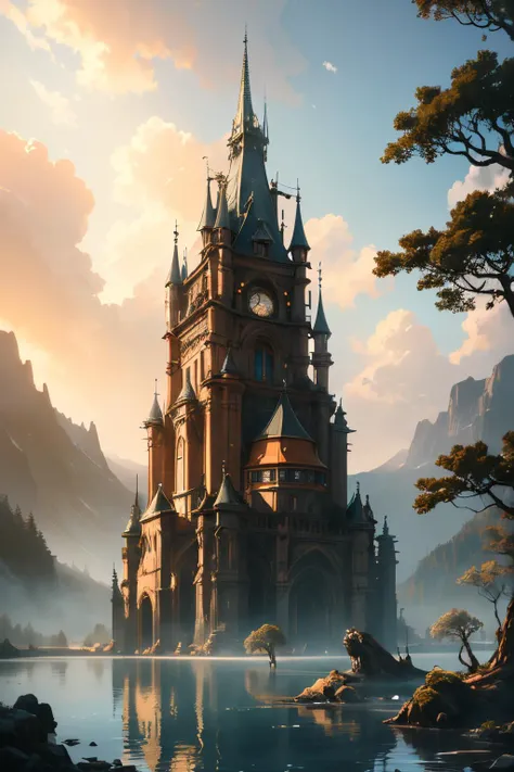 ethereal fantasy concept art of a highly detailed illustration of a forest, 8k wallpaper, UHDR, soft brush, landscape, bright composition, vivid colors, rule of thirds, trees:1.15, moss:0.8, (colossal tower at a lake:1.2), magical dome, depth of field, devoid of humans, natural lighting, fantastical gloom, magical shimmer, glossy, magnificent, celestial, ethereal, painterly, epic, majestic, magical, fantasy art, cover art, dreamy