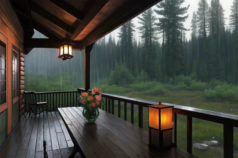 table with flowers on the back porch of a cabin in the woods, in a gentle spring rain at dusk