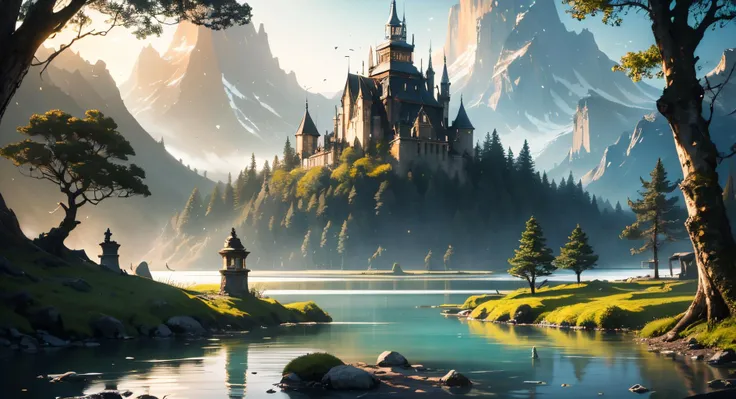 ethereal fantasy concept art of (forest:1.18), 8k wallpaper, UHDR, soft brush, landscape, bright composition, vivid colors, rule of thirds, extreme wide shot, trees:1.16, moss:0.8, (colossal tower at a lake in the distance:1.2), (magical dome:1.12), depth of field, devoid of humans, natural lighting, [fantastical gloom | magical shimmer,:0.65], glossy, [mountain:1.13], magnificent, celestial, ethereal, painterly, epic, majestic, magical, fantasy art, cover art, dreamy