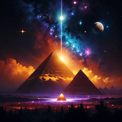 Psychedelic style, space themed album cover art, apocalyptic composition, pyramids, planets in the sky, deep verdant forest, starfall, nebula, colorful luminous particles, devoid of humans <lora:add_detail:0.8>, Vibrant colors, swirling patterns, abstract forms, surreal, trippy