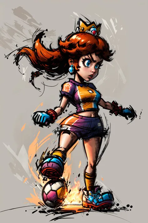 Highly detailed, High Quality, Masterpiece, (1girl, solo:1.4), Daisy_SM, <lora:Daisy_Lora:0.7>, Mario Striker Style, angry, <lora:Style_MarioStriker:0.9>