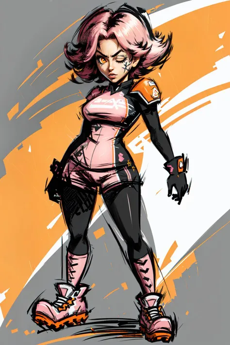 Highly detailed, High Quality, Masterpiece, (1girl, solo:1.5), Mario Striker Style, <lora:MarioStrikerStyle-06:0.8>, angry, melina \(elden ring\), facial mark, lips, medium hair, one eye closed, orange eyes, pink hair, scar, scar across eye, <lora:Char_EldenRing_Melina:0.55>, full body