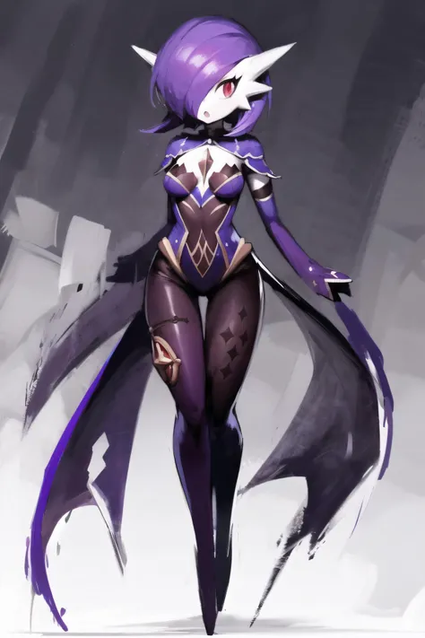 1girl, solo, gardevoir, pokemon \(creature\), red eyes, short hair, purple hair, hair over one eye, white skin, purple skin, two-tone skin, chest spike, <lora:gardevoir_v2:0.85>, full body, medium breasts, thigh gap, :o, looking at viewer, <lora:mmcosplay-12:0.9>, mmcosplay, <lora:MarioStrikerStyle-06:0.6>