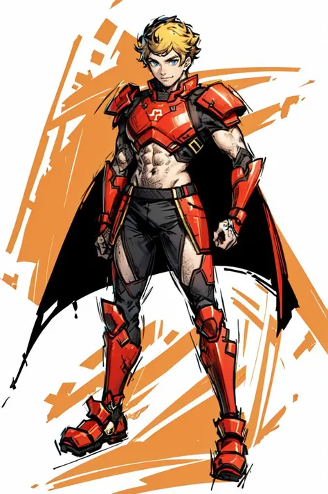 <lora:MarioStrikerStyle:0.9> Mario Striker Style, red theme,, absurdres, ultra detailed, masterpiece, best quality, aesthetic, detailed,, solo, smile, 1boy, blue eyes, medium blonde hair, parted bangs, hair intakes, male focus, muscular male,, armor, pauldrons, cuirass, gauntlets, waist cape, greaves, black bodysuit, surcoat, shoulder sash, wing shoulder armor, cape, pants,