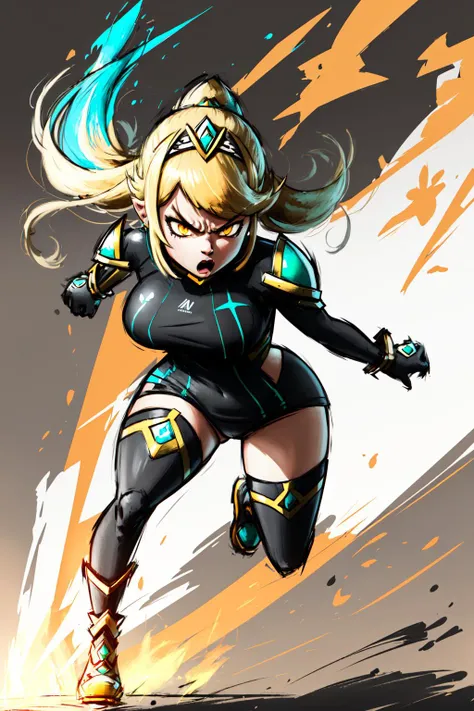 Highly detailed, High Quality, Masterpiece, (1girl, solo:1.5), Mario Striker Style, <lora:MarioStrikerStyle-06:0.8>, angry, Mythra \(xenoblade\), Mythra:1.2, blonde hair, yellow eyes, long hair, <lora:Char_Xenoblade_PyraMythraPneuma:0.5>