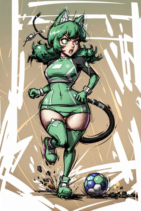 Highly detailed, High Quality, Masterpiece, beautiful, Android-chan, green dress, elbow gloves, green thighhighs, tail, <lora:Char_Meme_Androidchan:0.8>, Mario Striker Style, angry, <lora:Style_MarioStriker:0.9>, running