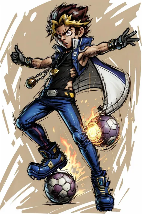 Highly detailed, High Quality, Masterpiece, (1boy, solo:1.4), Mario Striker Style, angry, soccer, soccer ball, <lora:Style_MarioStriker:0.9>, yugi muto, black hair, jacket on shoulders, necklace, big pendant, sleeveless shirt, millennium puzzle, blue pants, <lora:Char_Yugioh_YamiYugi:0.7>, (detailed face and eyes:1.3)