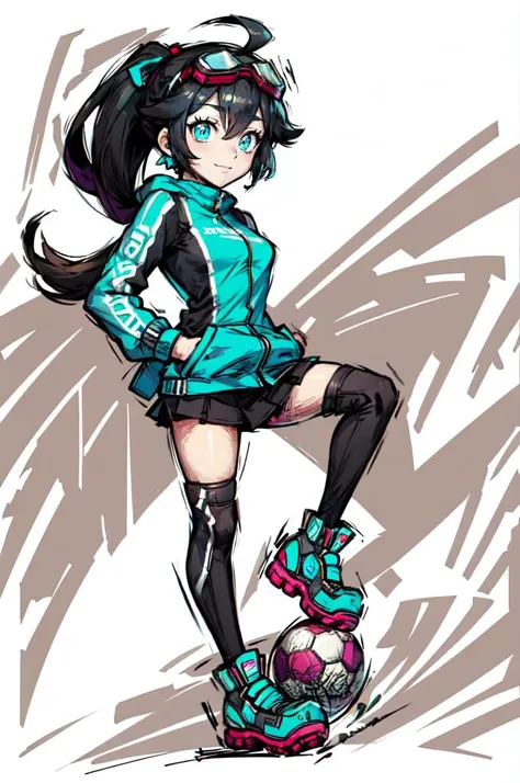 <lora:MarioStrikerStyle:0.9> Mario Striker Style, goggles on head, standing on one leg,, absurdres, ultra detailed, masterpiece, best quality, aesthetic, detailed,, katya1, solo, smile, 1girl, aqua eyes, black hair, <lora:low_ponytail-1.0:0.7> low ponytail, ahoge, absurdly long hair, very long hair, hair flaps, hair between eyes, bangs, crossed bangs, messy hair, small breasts, goggles on head, closed mouth,, hooded coat, open coat, turtleneck, pants, black knee boots, multiple straps, white coat, layered clothes, hair ribbon, pants under skirt,