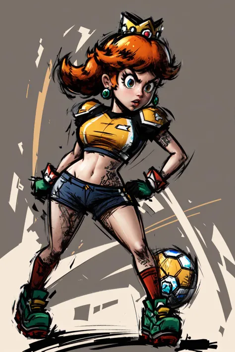 Highly detailed, High Quality, Masterpiece, (1girl, solo:1.4), Daisy_SM, <lora:Daisy_Lora:0.7>, Mario Striker Style, angry, <lora:Style_MarioStriker:0.9>