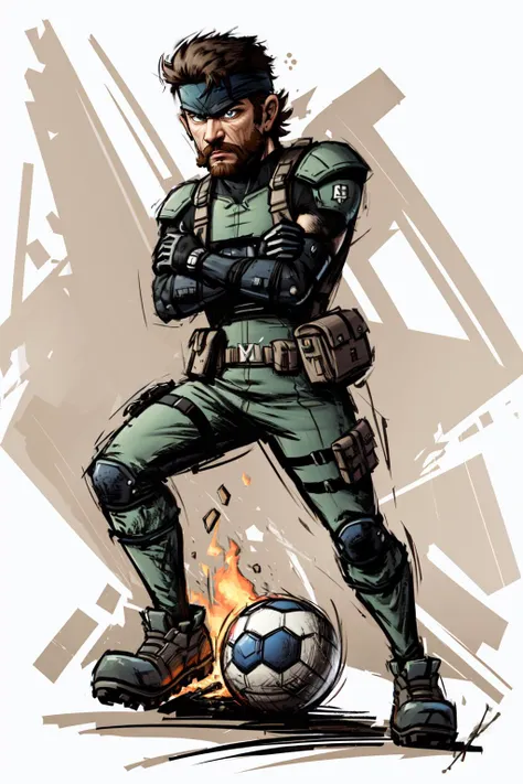 Highly detailed, High Quality, Masterpiece, (1boy, solo:1.5), Mario Striker Style, <lora:MarioStrikerStyle-06:0.8>, angry, full body, solid snake, facial hair, headband, <lora:Char_MGR_SolidSnake:0.75>, (detailed face and eyes:1.3)