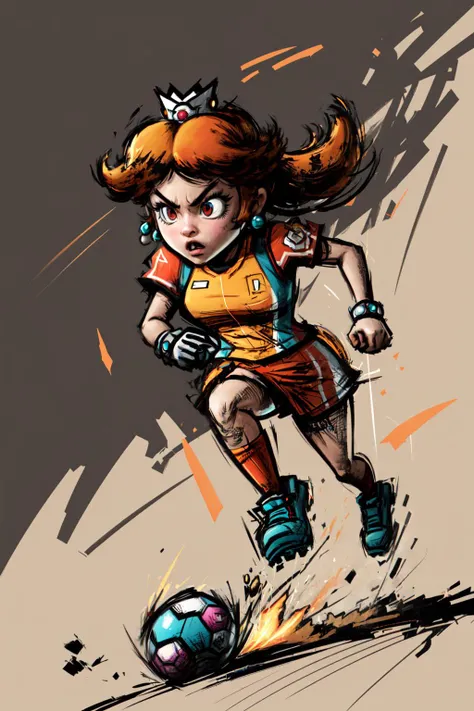 Highly detailed, High Quality, Masterpiece, (1girl, solo:1.4), Daisy_SM, <lora:Daisy_Lora:0.7>, Mario Striker Style, angry, <lora:Style_MarioStriker:0.9>, running