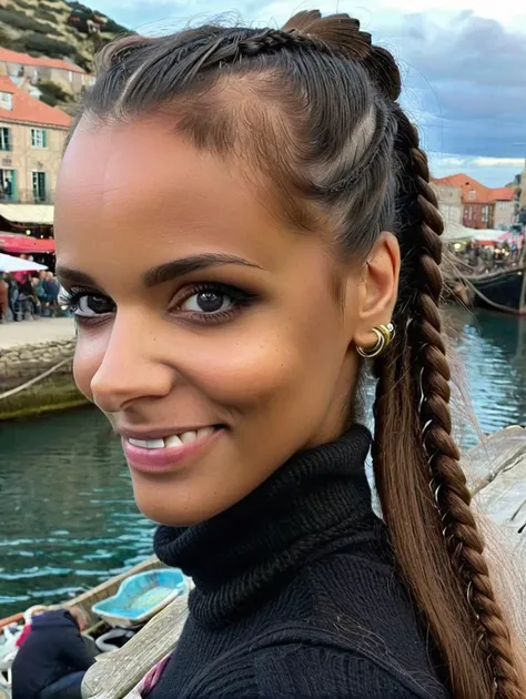 photo, realistic, irl, score_9, score_8_up, score_7_up, score_6_up, source_photo, rating_safe, shym 1girl, 24 years old, mid body portrait, dark skin, straight hair, long hair, ponytail, perfecteyes, dark eyes, looking at viewer, smile, blushed, aroused BREAK wearing wool pullover BREAK In a bustling harbor town where pirate ships dock, laden with treasures from uncharted lands,
<lora:shym:1>