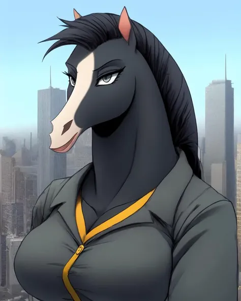 detailed anime
bust portrait, city background, solo, anthro, female khanhorse, clothed, black fur, <lora:khanhorse:1>