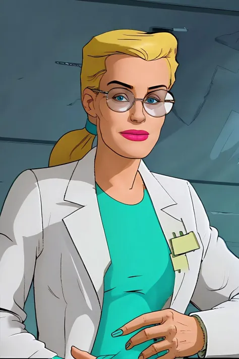 masterpiece, best quality, debra whitman, long hair, ponytail, glasses, labcoat, green dress, upper body, looking at viewer, simple background <lora:Debra Whitman_v1:1>