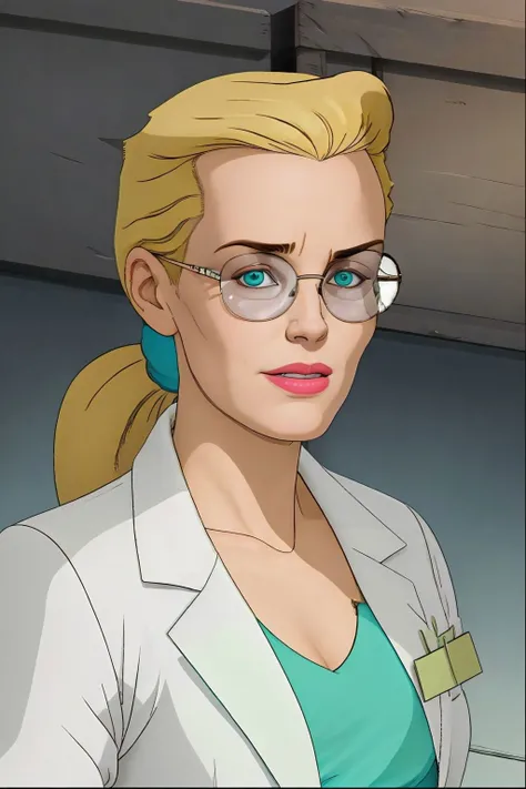 masterpiece, best quality, debra whitman, long hair, ponytail, glasses, labcoat, green dress, upper body, looking at viewer, simple background <lora:Debra Whitman_v1:1>