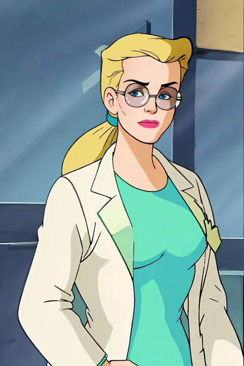 masterpiece, best quality, debra whitman, long hair, ponytail, glasses, labcoat, green dress, upper body, looking at viewer, simple background <lora:Debra Whitman_v1:1>