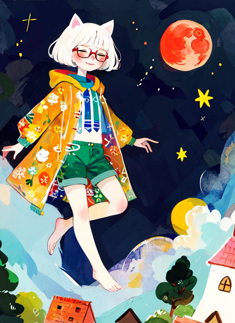 ((best quality)), ((highly detailed)), detailed face, beautiful face, , (1girl), (glasses), straight-on, dynamic pose, upper body, ((raincoat, <lora:microshorts5R12:1>, micro shorts, green shorts, bare foot)), cat girl, cat ears, short hair, snow white hair, Castleton green eyes, <lora:slit-pupils:1>, snake eyes, half-closed eyes, cat tail, smiling.3, egyptian clothes, (outside, at a church, evening, night sky, stars, blood moon, shooting star, hurricane), <lora:J_drawing:.9>, j_drawing