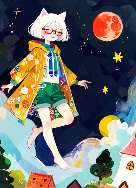 ((best quality)), ((highly detailed)), detailed face, beautiful face, , (1girl), (glasses), straight-on, dynamic pose, upper body, ((raincoat, <lora:microshorts5R12:1>, micro shorts, green shorts, bare foot)), cat girl, cat ears, short hair, snow white hair, Castleton green eyes, <lora:slit-pupils:1>, snake eyes, half-closed eyes, cat tail, smiling.3, egyptian clothes, (outside, at a church, evening, night sky, stars, blood moon, shooting star, hurricane), <lora:J_drawing:.9>, j_drawing