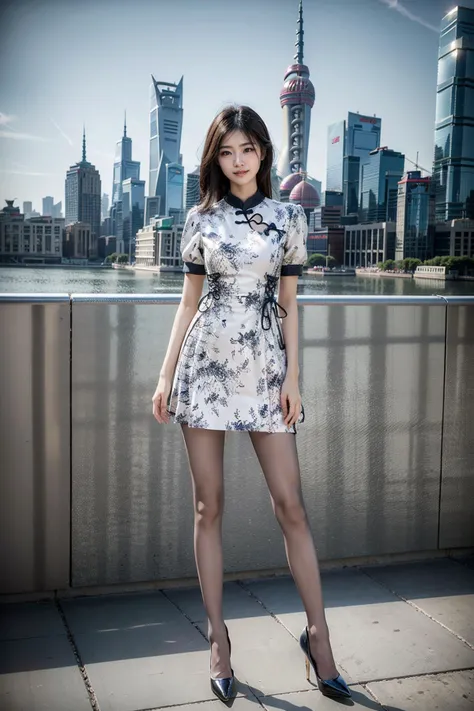 (realistic:1.3), finely detailed, quality, rembrandt lighting, (masterpiece:1.2), (photorealistic:1.2), (best quality), (detailed skin:1.3), (intricate details), dramatic, ray tracing, 1girl, chinese girl, 21 years old, detailed skin texture, (blush:0.5), (goosebumps:0.5), subsurface scattering, smiling, medium breasts, short hair, bangs, hair between eyes, cns dress, dress, china dress, pantyhose, high heels, full body, (bright sunny day, shanghai, the bund, commercial district skyline in the background), <lora:cns_attire_vol2_style1_v1:0.7>