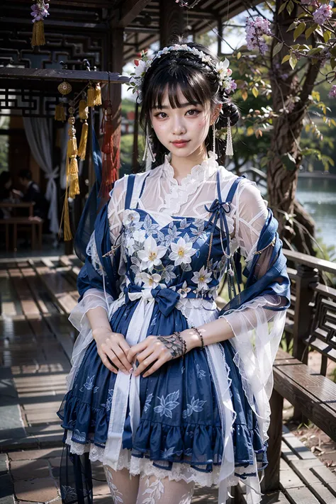 (realistic:1.3), finely detailed, quality, rembrandt lighting, (masterpiece:1.2), (photorealistic:1.2), (best quality), (detailed skin:1.3), (intricate details), dramatic, ray tracing, 1girl, chinese girl, 21 years old, detailed skin texture, (blush:0.5), (goosebumps:0.5), subsurface scattering, smiling, medium breasts, short hair curls, bangs, hair between eyes, hair ornament, cyb dress, chinese clothes, see-through sleeves, print legwear, cowboy shot, (bright sunny day, classical chinese pavilion, chinese architecture, lake), <lora:cns_dress_vol2_style2_v1:0.6>