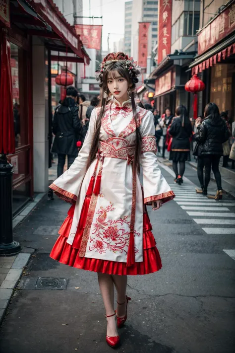 best quality, masterpiece, photorealistic, 1girl, solo, long straight hair, blunt bangs, looking at viewer, full body, hair ornament, cyb dress, chinese clothes, long sleeves, wide sleeves, armband, red high heels, outdoors, chinese street, people, detailed background, <lora:add_detail:1>, <lora:cn_style_modern_attire_vol2_style5_v1:0.7>