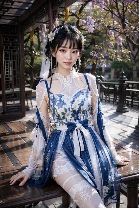 (realistic:1.3), finely detailed, quality, rembrandt lighting, (masterpiece:1.2), (photorealistic:1.2), (best quality), (detailed skin:1.3), (intricate details), dramatic, ray tracing, 1girl, chinese girl, 21 years old, detailed skin texture, (blush:0.5), (goosebumps:0.5), subsurface scattering, smiling, medium breasts, short hair curls, bangs, hair between eyes, hair ornament, cyb dress, chinese clothes, see-through sleeves, print legwear, cowboy shot, sitting, (bright sunny day, classical chinese pavilion, chinese architecture, lake), <lora:cns_dress_vol2_style2_v1:0.6>