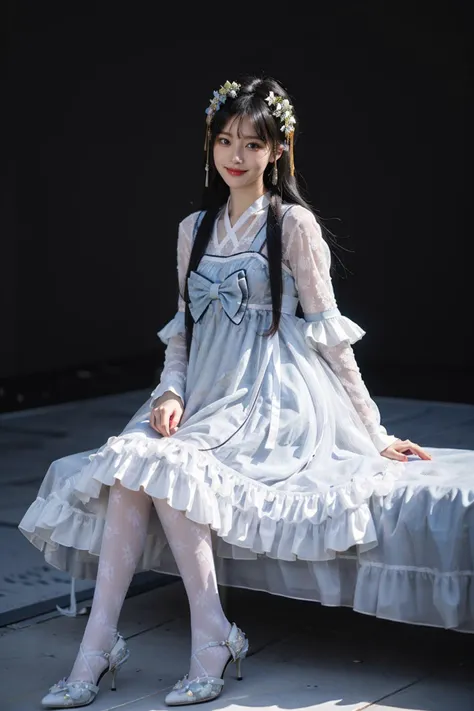best quality, quality, masterpiece, photorealistic, 1girl, solo, sitting, full body, black hair, straight hair, looking at viewer, smile, hair ornament, cyb dress, chinese clothes, frills, halter dress, long sleeves, white print legwear, high heels, simple background, <lora:cns_attire_vol2_style3_v1:0.6>