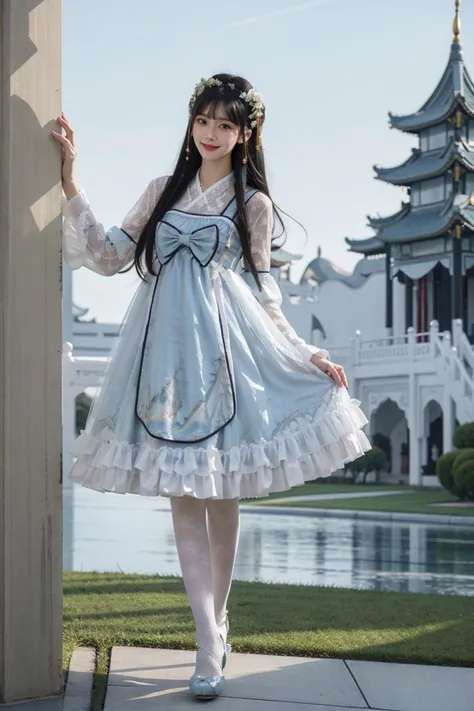 best quality, quality, masterpiece, photorealistic, 1girl, solo, standing, full body, black hair, straight hair, looking at viewer, smile, hair ornament, cyb dress, chinese clothes, frills, halter dress, long sleeves, white print legwear, high heels, chinese palace, luxurious decoration, detailed background, <lora:cns_attire_vol2_style3_v1:0.6>
