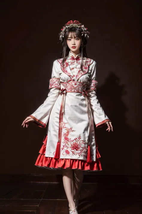 best quality, masterpiece, photorealistic, 1girl, solo, long straight hair, blunt bangs, looking at viewer, full body, standing, hair ornament, cyb dress, chinese clothes, long sleeves, wide sleeves, armband, simple background, <lora:add_detail:1>, <lora:cn_style_modern_attire_vol2_style5_v1:0.7>