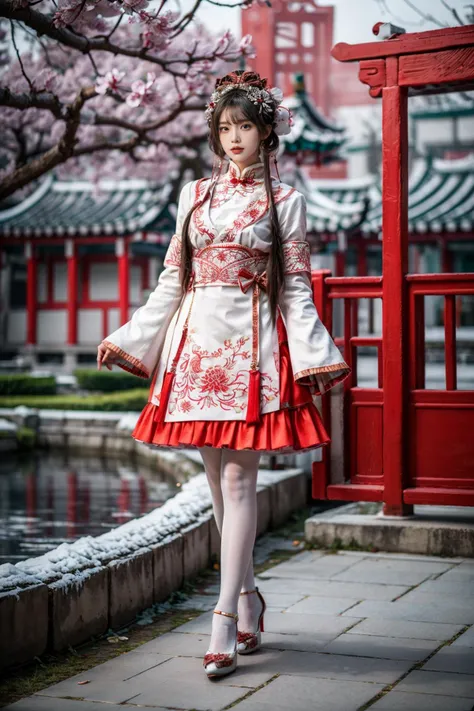 best quality, masterpiece, photorealistic, 1girl, solo, long straight hair, blunt bangs, looking at viewer, full body, hair ornament, cyb dress, chinese clothes, long sleeves, wide sleeves, armband, white pantyhose, red high heels, outdoors, snow, chinese architecture, chinese garden, tree, flower, <lora:add_detail:1>, <lora:cn_style_modern_attire_vol2_style5_v1:0.7>