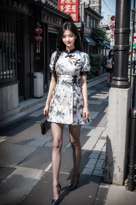(realistic:1.3), finely detailed, quality, rembrandt lighting, (masterpiece:1.2), (photorealistic:1.2), (best quality), (detailed skin:1.3), (intricate details), dramatic, ray tracing, 1girl, chinese girl, 21 years old, detailed skin texture, (blush:0.5), (goosebumps:0.5), subsurface scattering, smiling, medium breasts, braided hair rings, hair loops, bangs, hair between eyes, cns dress, dress, china dress, pantyhose, high heels, full body, (bright sunny day, shanghai, the bund, commercial district skyline), <lora:cns_attire_vol2_style1_v1:0.7>