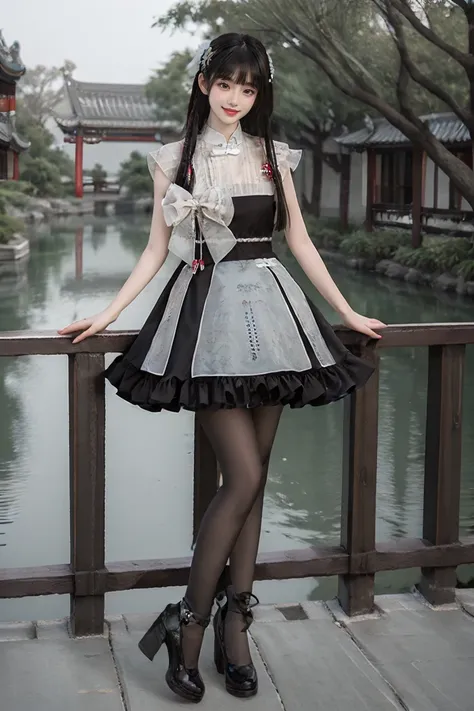 best quality, masterpiece, photorealistic, 1girl, solo, full body, standing, long black straight hair, blunt bangs, looking at viewer, smile, cyb dress, chinese clothes, black pantyhose, high heels, detailed background, chinese garden, water, flower, tree,<lora:cns_dress_vol2_style4_v1:0.8>