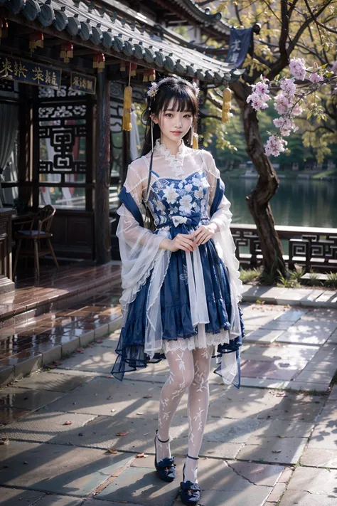 (realistic:1.3), finely detailed, quality, rembrandt lighting, (masterpiece:1.2), (photorealistic:1.2), (best quality), (detailed skin:1.3), (intricate details), dramatic, ray tracing, 1girl, chinese girl, 21 years old, detailed skin texture, (blush:0.5), (goosebumps:0.5), subsurface scattering, smiling, medium breasts, short hair curls, bangs, hair between eyes, hair ornament, cyb dress, chinese clothes, see-through sleeves, print legwear, full body, (bright sunny day, classical chinese pavilion, chinese architecture, lake),  <lora:cns_dress_vol2_style2_v1:0.6>
