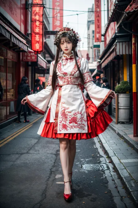 best quality, masterpiece, photorealistic, 1girl, solo, long straight hair, blunt bangs, looking at viewer, full body, hair ornament, cyb dress, chinese clothes, long sleeves, wide sleeves, armband, red high heels, outdoors, chinese street, people, detailed background, <lora:add_detail:1>, <lora:cn_style_modern_attire_vol2_style5_v1:0.7>