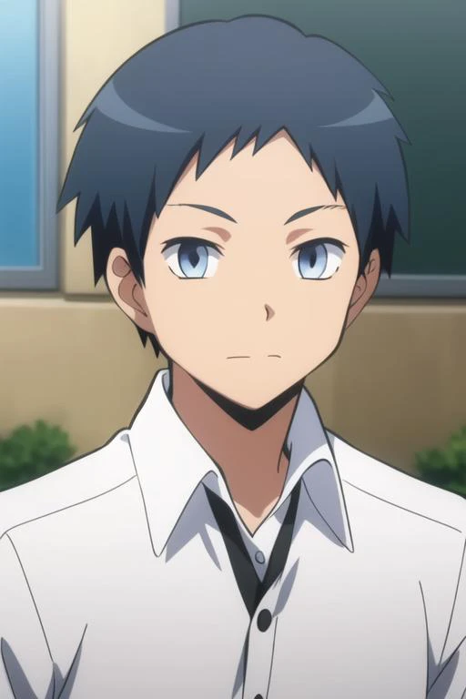 masterpiece, best quality, high quality, 1boy, solo, male focus, looking at viewer, upper body, <lora:sugino_tomohito:0.76>, sugino_tomohito, blue eyes, black hair, school uniform, shirt, white shirt, collared shirt