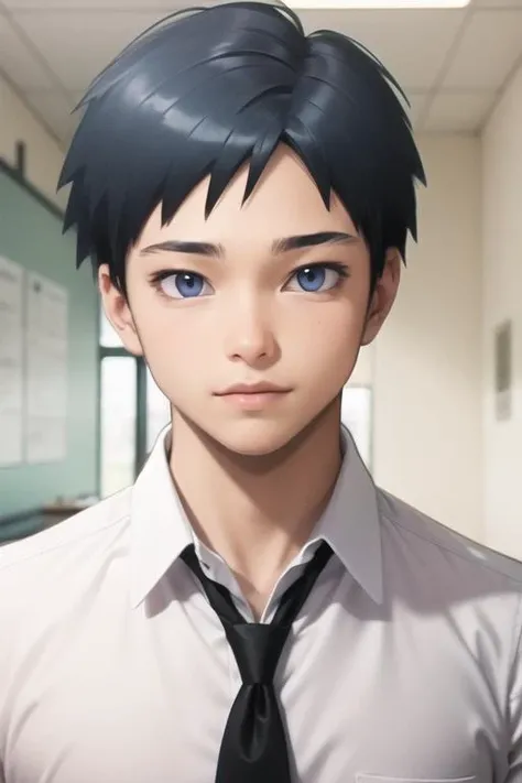 masterpiece, best quality, high quality, 1boy, solo, male focus, looking at viewer, upper body, <lora:sugino_tomohito:0.74>, sugino_tomohito, blue eyes, black hair, school uniform, shirt, white shirt, collared shirt