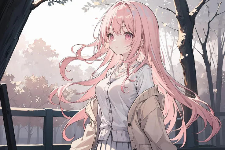 (best quality, ultra detailed), 1 girl, cute little, pale pink hair, straight long hair, large breasts, pastel pink cardigan, white pleated skirt, pearl necklace, high school campus, trees,
BREAK
natural lighting, (backlighting):1.2, warm tones, soft shadows, glowing highlights, cinematic feel, ethereal effect, contemplative atmosphere,