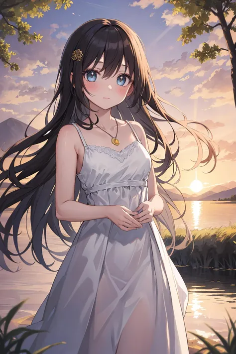 1 girl, serene expression, mesmerizing eyes, straight long hair, flowing dress, poised posture, porcelain skin, subtle blush, crystal pendant
BREAK
golden hour, (rim lighting:1.2), warm tones, sun flare, soft shadows, vibrant colors, painterly effect, dreamy atmosphere
BREAK
scenic lake, distant mountains, willow tree, calm water, reflection, sunlit clouds, peaceful ambiance, idyllic sunset, ultra detailed, official art, unity 8k wallpaper
, zentangle, mandala,standing,