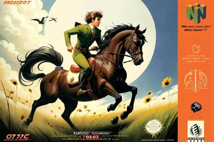best quality, masterpiece, n64boxart, box art, retro artstyle, Thunderclap, a centaur galloping through a meadow, logo, English text, copyright name, <lora:N64BoxArtV1.1:1>
