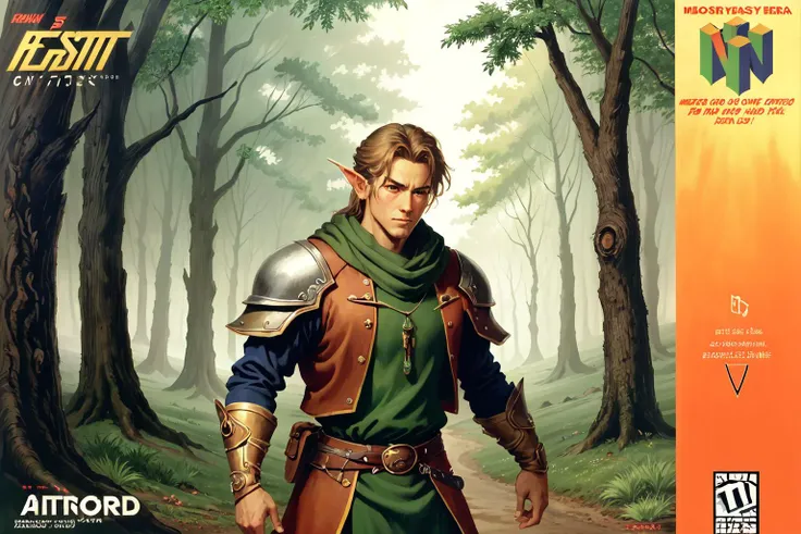 best quality, masterpiece, n64boxart, box art, retro artstyle, Warlock, a half-elf ranger exploring a enchanted forest, logo, English text, copyright name, <lora:N64BoxArtV1.1:1>