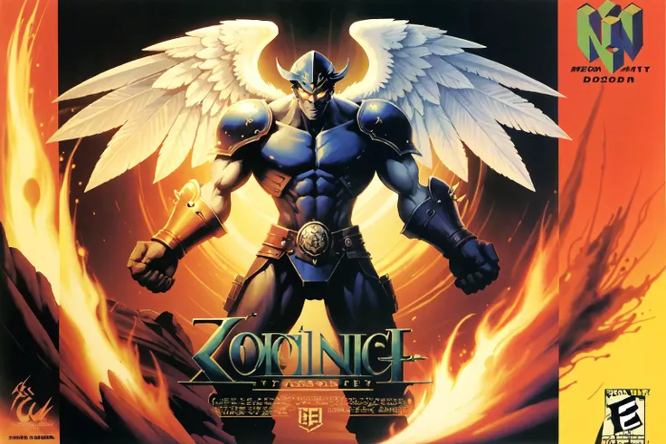 best quality, masterpiece, n64boxart, box art, retro artstyle, Contempt, a angelic warrior fighting against darkness, logo, English text, copyright name, <lora:N64BoxArtV1.1:1>