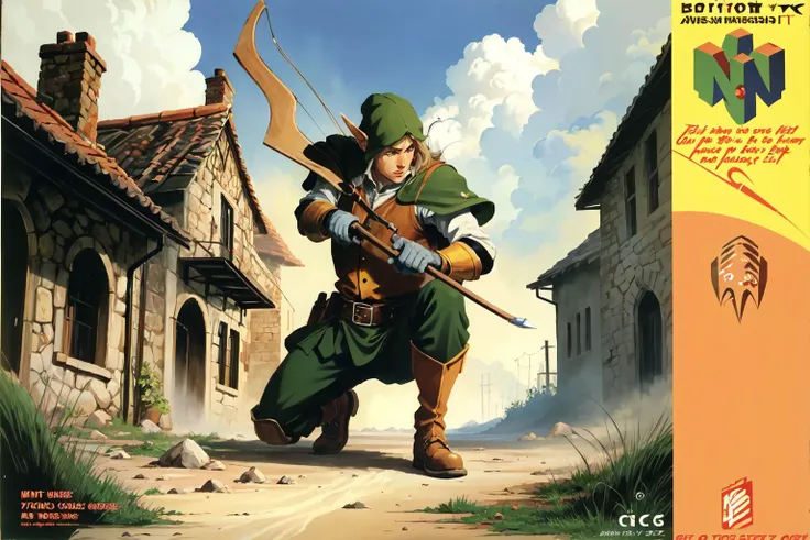 best quality, masterpiece, n64boxart, box art, retro artstyle, Burn Mark, a elven archer defending their kingdom from invaders, logo, English text, copyright name, <lora:N64BoxArtV1.1:1>