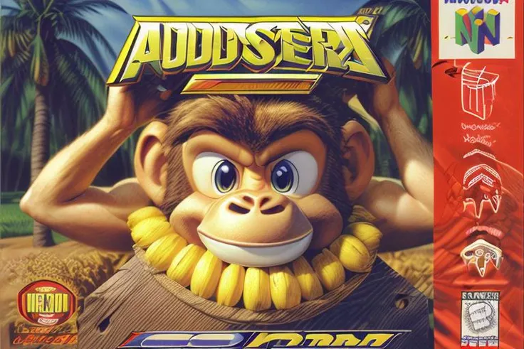 (masterpiece, best quality, highres, absurdres, ultra-detailed:1.2), <lora:N64BoxArtV1.1:1.0>(n64boxart, box art, retro artstyle, logo, English text, copyright name:1.3), (monkey, ape, bananas, wooden crate, funky), <lora:add_detail_v1:0.85>